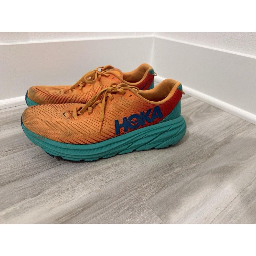 HOKA ONE ONE Rincon 3 Shoes Mens Size 10.5 Orange Teal Running Road Cushion